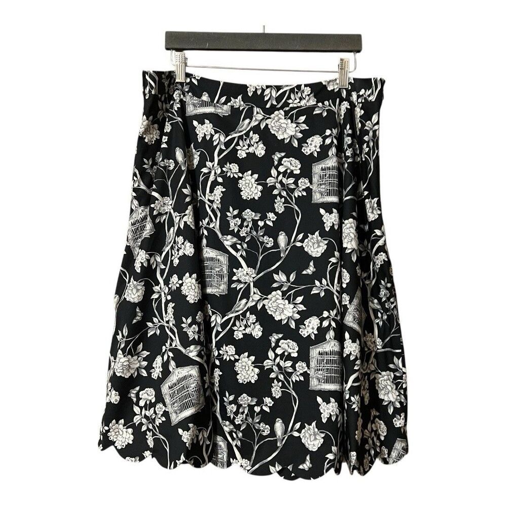 Talbots Womens Size 16 A-Line Skirt Printed Floral Bird Cage Black Scalloped